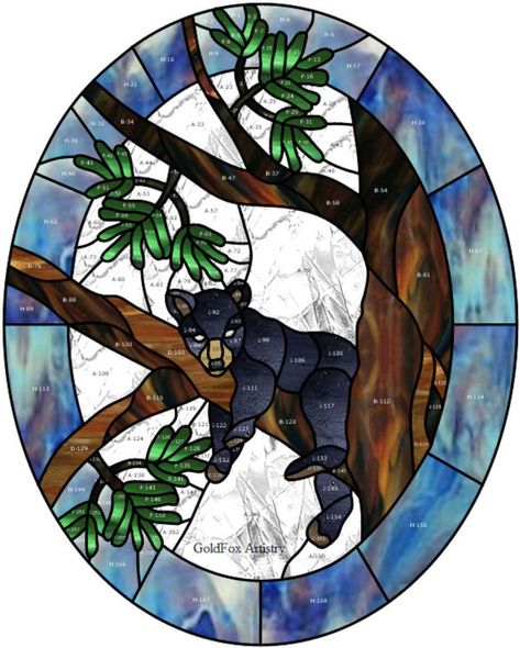 Black Bear Stained Glass Pattern, Bear Stained Glass Pattern, Tree Stained Glass Pattern, Stained Glass Bear, Tree Stained Glass, Scroll Art, Black Bear Cub, Stained Glass Mirror, Stained Glass Lamp Shades