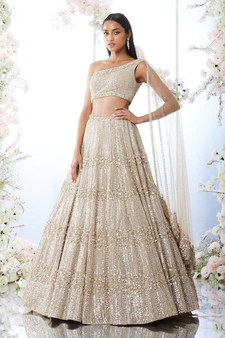 Buy Beige Organza Embellished Sequins One Lehenga And Draped Blouse Set For Women by Seema Gujral Online at Aza Fashions. Champagne Lehenga, Lailli Mirza, Sequin Lehenga, Seema Gujral, Gold Lehenga, Organza Lehenga, Draped Blouse, Lehenga Blouse, Net Dupatta