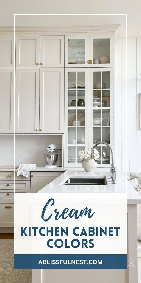 Infuse your kitchen with a touch of warmth and elegance with cream kitchen cabinet colors. Discover how these versatile shades can create a calming and inviting atmosphere while adding a touch of sophistication. Explore different pairings of countertops, backsplashes, and hardware to complement your cream cabinets and create a cohesive design. Let these inspiring ideas guide you on your kitchen transformation journey! #kitchenremodel #homeideas #creamcabinets Painted Kitchen Cabinets With White Countertops, White Walls Beige Cabinets, Townplace Crema Kitchen, Cream Cabinets White Appliances, Cream Cabinets With White Walls, Kitchens With Ivory Cabinets, Kraftmaid Canvas Cabinets, White Vs Cream Kitchen Cabinets, Kitchen Cabinets Off White Colors