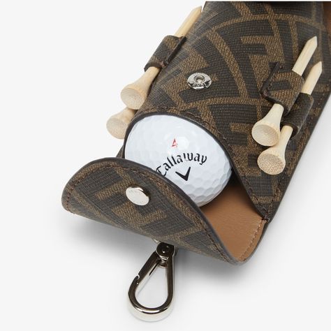 Pouch with logo clip and snap-button closure. Contains three golf balls and four wooden tees. Made of fabric with FF motif. Palladium-finish metalware. Made in Italy Leather Moccasins Diy, Diy Moccasins, Golf Ball Holder, Ball Holder, Box Packaging Design, Leather Moccasins, Golf Balls, Press Studs, Golf Ball