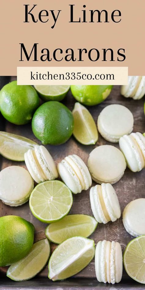 Key Lime Macarons have classic french macarons shells that have been dyed green then filled with a tart whipped lime curd. They have a delicious balance of flavors and textures that will make you fall in love with macarons! Key Lime Macarons, Lime Macarons, Pie Macarons, Lime Curd, Coconut Dessert, Macaron Flavors, Macaron Cookies, French Macaroons, Brownie Desserts