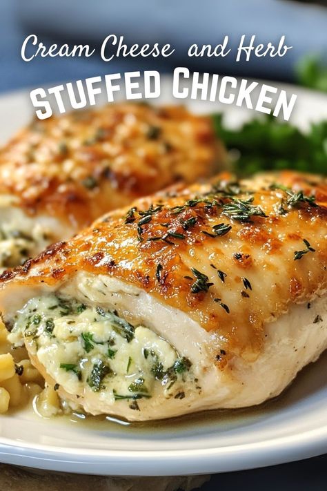 Try this delicious Cream Cheese and Herb Stuffed Chicken recipe for a tasty dinner! Juicy chicken breasts are filled with creamy cheese and fresh herbs, making every bite full of flavor. Easy to make and perfect for weeknight meals or special occasions. Your family will love it! Gorgonzola Stuffed Chicken, Cream Cheese Stuffed Chicken Recipes, Chicken Roll Ups Stuffed Cream Cheese, Creamy Stuffed Chicken Breast, Boursin Cheese Stuffed Chicken, Stuffed Chicken Breast Broccoli And Cream Cheese, Filled Chicken Breast Recipes, Chicken Cream Cheese Spinach Recipes, Houlihans Stuffed Chicken Recipe