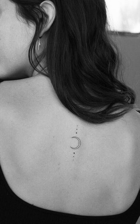 Moon Back Tattoos For Women, Moon Tattoo Ribcage, Simple Moon Tattoos For Women, Dainty Moon Tattoos For Women, Moon Back Tattoo Women, Back Tattoo Women Moon, Moon Tattoo On Neck, Moon Tattoo Sternum, Moon Tattoo Ribs