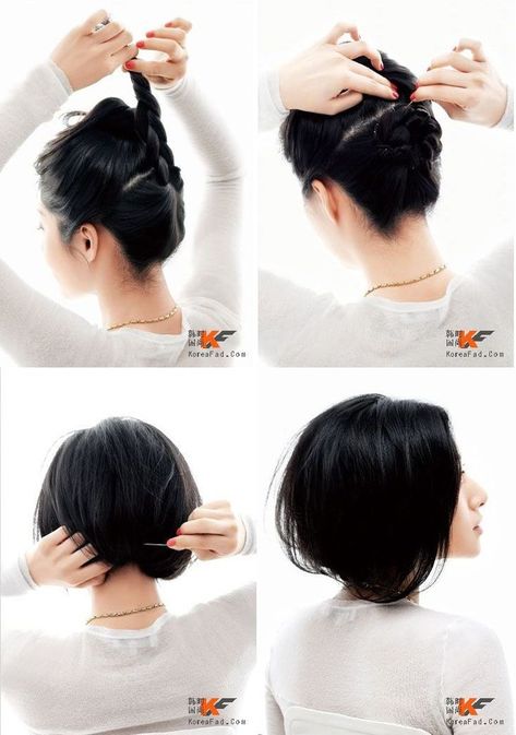 Long hair to be short hair~ so cute Korean Pony, Chopstick Hairstyles, Fake Short Hair, Japan Hairstyle, Short Hair Hacks, Short Hair Bun, Plaits Hairstyles, Kawaii Hairstyles, Hairstyle Inspiration