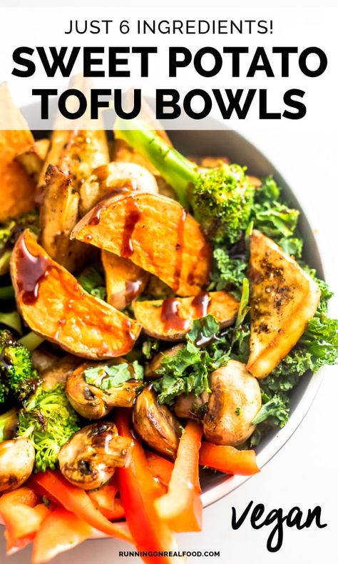 Vegan Sweet Potato Tofu Bowls made with just 6 ingredients for a healthy, easy plant-based meal. You'll need tofu, kale, sweet potato, red pepper, broccoli and mushrooms. Sweet Potato Tofu, Tofu Kale, Broccoli And Mushrooms, Kale Sweet Potato, Tofu Bowls, Vegetarian Bowls, High Protein Vegan Recipes, Food Trip, Buddha Bowls