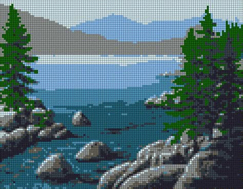 Landscape Alpha Pattern, Nature Alpha Pattern, C2c Crochet Pattern Free, Grid Template, Tapestry Nature, Pixel Art Tutorial, Cross Stitch Landscape, Knitting Machine Patterns, Pine Lake