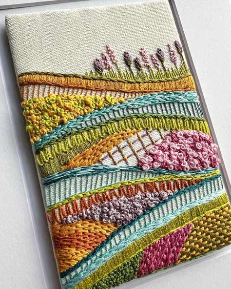 SOLD New finished abstract landscape (available at link in bio) #embroi̇deryart #handembroidery #fiberart #embroidery #art #landscapeembroidery #abstractembroidery #damngoodstitch #modernembroidery #dmcembroidery #dmcthreads Modern Embroidery Art, Random Embroidery Ideas, Stitching On Canvas, Modern Embroidery Patterns, Freeform Embroidery, Embroidery Landscape, Landscape Embroidery, Sunset Over The Ocean, Quilt Embroidery