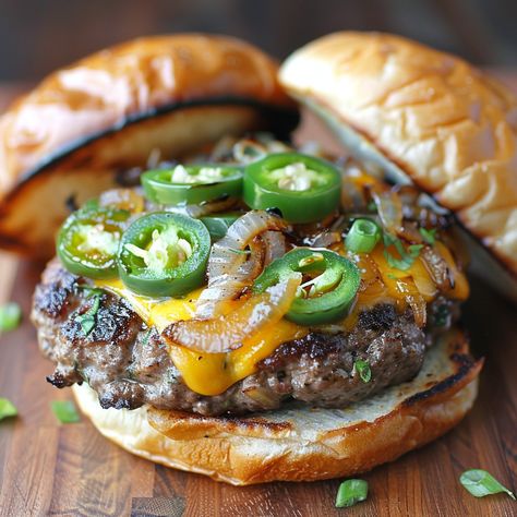 🌶️🍔 Spice up your BBQ with Jalapeño-Onion Smash Burgers! Juicy and flavorful. #BurgerLove #SpicyGoodness Jalapeño-Onion Smash Burgers Ingredients: Ground beef (1 lb) Jalapeños, sliced (2) Onion, thinly sliced (1) Cheddar cheese, sliced (4) Burger buns (4) Salt and pepper (to taste) Butter (2 tbsp) Instructions: Preheat a skillet over medium-high heat. Divide ground beef into 4 balls. Smash each ball in the skillet with a spatula, add salt and pepper. Add jalapeños and onions on top of the... Jalapeno Burger, Smash Burgers, Instagram Recipes, Beef Burger, Smash Burger, Trending Recipes, Burger Buns, Orange Chicken, Gamer Room