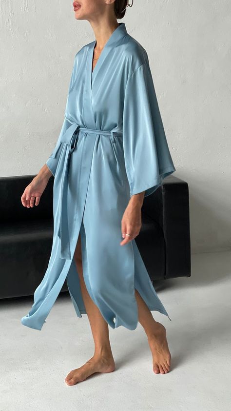 Silk robe, Wedding robe, Robe for bride, Bridesmaid robe, Robs for bridesmaid, Women robe, Sleeping Robe Aesthetic, Night Robe Aesthetic, Silk Robe Aesthetic, Blue Silk Robe, Sleeping Robe, Cozy Home Aesthetic, Robe For Bride, Long Silk Robe, Silk Pyjama Set