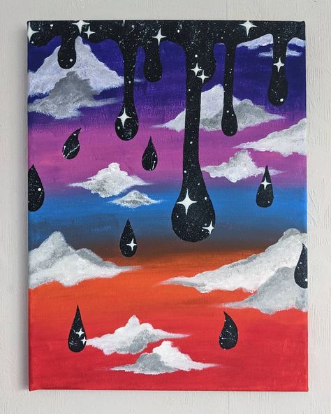 Trippy Cloud Painting, Chill Paintings Ideas, Trippy Clouds Painting, Witchy Paintings Canvas Easy, Trippy Sunset Painting, Trippy Moon Painting, Dripping Paint Art Ideas, Drip Painting Ideas On Canvas, Easy Goth Painting Ideas