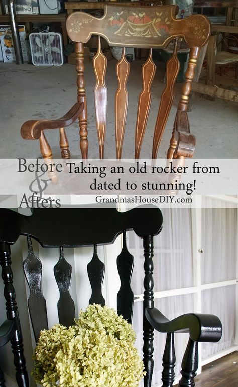 Dated rocking chair gets a before and after makeover with black painted rocking chair, before and afters, DIY. Rocking Chair Redo, Before And After Remodel, Before And After Makeover, Bedroom Makeover Before And After, Rocking Chair Makeover, Painted Rocking Chairs, Diy Rocking Chair, Old Rocking Chairs, Vintage Rocking Chair