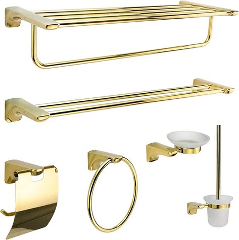 Amazon.com: 6 Pieces Bright Gold Bathroom Hardware Set – Including 24" Towel Shelf with Towel Bar, Double Towel Bar, Towel Ring, Soap Dish and Toilet Paper Set, Gold Towel Bar Set, Gold Bathroom Accessories Set : Tools & Home Improvement Gold Towel Bar, Gold Bathroom Hardware, Luxury Bathroom Accessories, Gold Toilet, Shelf With Towel Bar, Pets Supplies, Brass Bathroom Accessories, Bathroom Gold, Bathroom Accessories Luxury