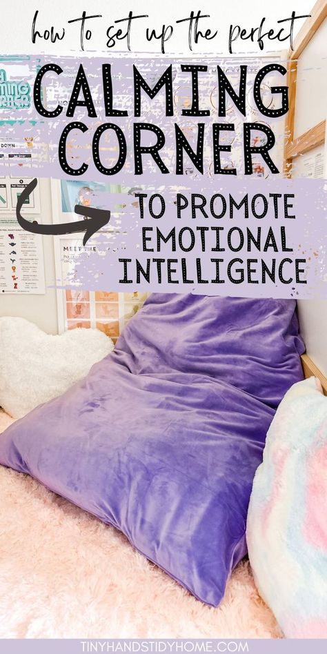 Child's calming corner with soft pillow, emotions posters, and a pink rug. The text over the image reads, "How to set up the perfect calming corner to promote emotional intelligence". Calm Down Center, Preschooler Bedroom, Toddler Reading Nooks, Sensory Bedroom, Toy Room Storage, Reading Corner Kids, Calm Room, Calming Room, Space Classroom