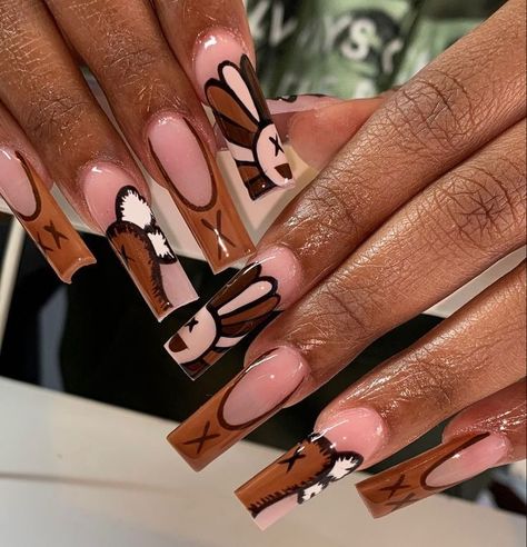 Brown Nails With Nail Art, Brown Nails Ideas Black Women, Long Brown Nail Ideas, Fall Sets Acrylic Nails, Fall Nail Designs Coffin Long, Brown Freestyle Nails Acrylic, Fall Nail Designs On Dark Skin, Light Brown Nails Acrylic Design, Different Shades Of Brown Nails Acrylic