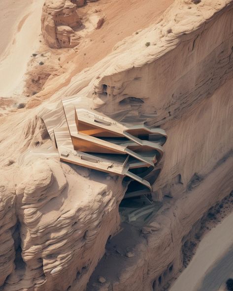 Arturo Tedeschi | AI Architecture Midjourney Desert Architecture Projects, Rock Architecture Concept, Dune Architecture Concept Art, Cave Like Architecture, Underground Architecture Concept, Terracing Architecture, Desert Architecture Concept, Mountain Architecture Concept, Spaceship Architecture