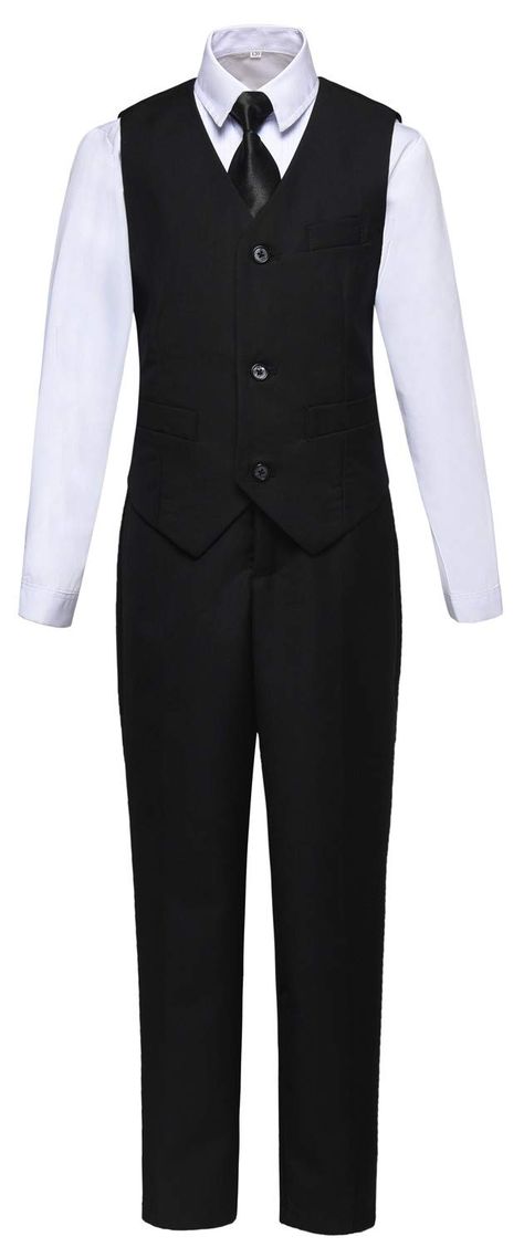 PRICES MAY VARY. Shirt - Material: 65% polyester, 35% cotton, Color: White Tie - Pre tied and Adjustable,Fully lined and easy to wear,Color coordinated Vest - Full Lining and Back with adjustable strap, Pockets:2 front, Buttons:3 front Pants - Pockets:Double side,Waist size:Adjustable button straps 4 Piece Boys Slim fit Suits,Reasonable Price You will Save Great Much This complete kids formal dress clothes consists of vest, pant, shirt and tie. From the wedding halls to the streets. An ideal fit Kids Formal Dresses, Suit For Boys, Toddler Suits, Suit Stores, Wedding Halls, Kids Formal, Bearer Outfit, Ring Bearer Outfit, Toddler Pants