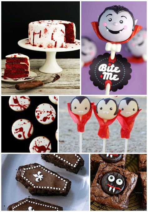 Too Cute Halloween Vampire Treats!- B. Lovely Events Vampire Dessert Ideas, Dracula Themed Food, Vampire Treats Party Ideas, Vampire Halloween Treats, Vampire Themed Snacks, Vampire Desserts, Vampire Treats, Vampire Snacks, Vampire Birthday Cake