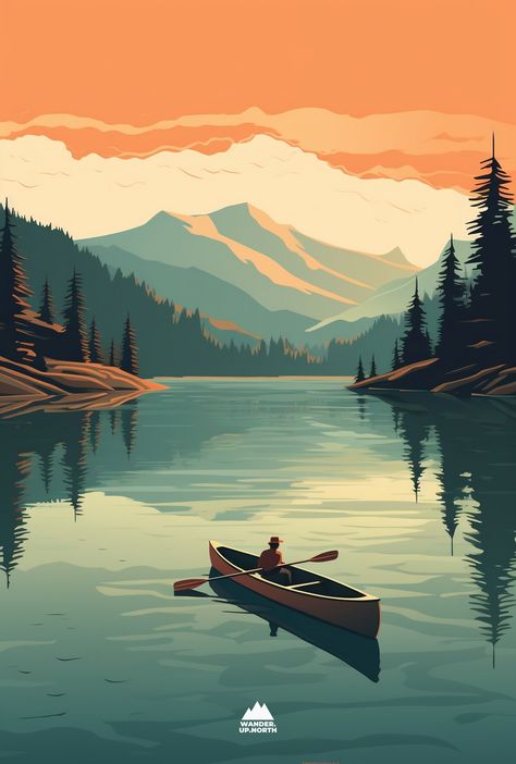 A digital illustration of a man paddling down a quaint river with the sun setting in the background. Click link to buy merchandise with this beautiful design and more. Lake Illustration, Kayak Art, Art Deco Landscape, Asian Style Art, Boat Illustration, Lemon Painting, Lake Boat, Adventure Art, Easy Canvas Painting