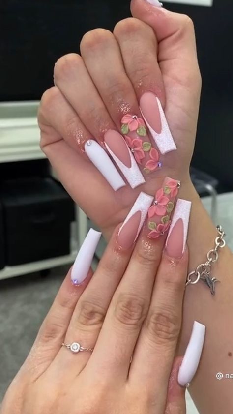 Medium Acrylic Nails Flowers, Marble Nails With Flowers, 3s Flower Nails, Flower Acyrilics Nails, Pink Acrylic Nails With 3d Flowers, Trendy Flower Nails, 3d Acrylic Nails Flowers, Nails With Acrylic Flowers, Pink Flower Nail Designs