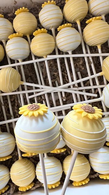 Sunflower Desserts Treats, Here Comes The Sun Cake Pops, Sun Theme Desserts, Here Comes The Son Cake Pops, Yellow Deserts, Here Comes The Sun Dessert Table, Here Comes The Son Dessert Table, Sun Cake Pops, Sunshine Desserts