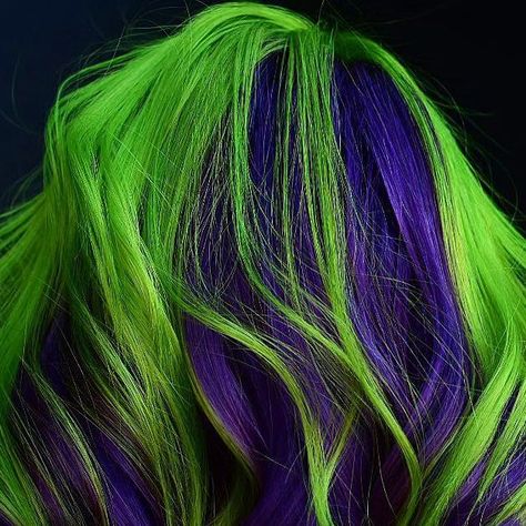 Pulp Riot Hair Color on Instagram: "#PulpRiotEducator @prestontheartist (she/her) is the artist 🦚 #PulpRiot is the paint. 🧪 Formula breakdown: - Lifted with BlondeAF - Green: Acid Spill + Satire - Purple: Iced Skater + Mystic Fog + Velvet Image description: The back view of a person's hair. They are standing in front of a black backdrop with a white and cream top. Their hair is colored in block sections of rich deep violet and bright neon green." Purple And Lime Green Hair, Purple And Green Hair, Neon Green Hair, Pulp Riot Hair Color, Pulp Riot Hair, Purple Dye, Neon Hair, Pulp Riot, Black Backdrop