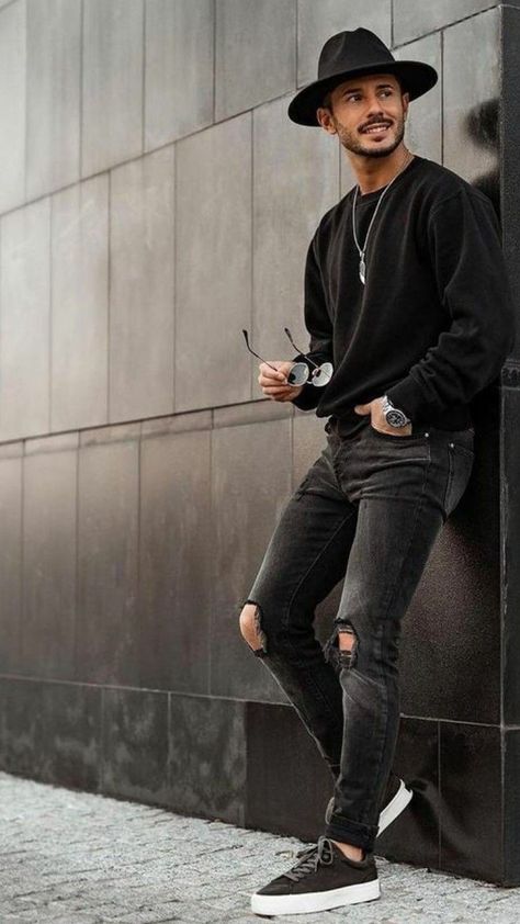 Outfit Rocker Outfit Men, Men's Casual Outfits Winter, Fedora Outfit, Wedding Outfit Men, Stylish Men Casual, Fashion Suits For Men, Winter Outfits Men, Mens Fashion Classy, Men Fashion Casual Outfits