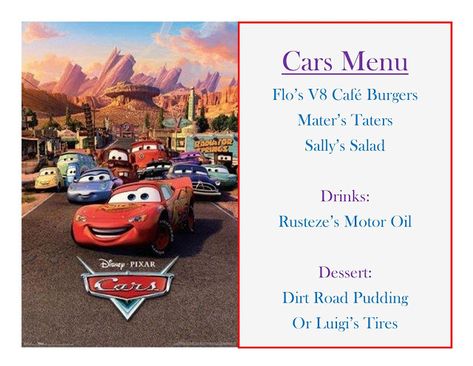 DISNEY MEAL #4 - CARS! Has link to pictures of How the Meal Came Together & The Treat! Happiest Memories On Earth - is an awesome blog that has SO MANY Disney Meal Ideas and MORE!! Cars Movie Night, Disney Movie Themed Dinner, Themed Dinners Ideas, Family Movie Night Themes, Disney Movie Night Menu, Disney Themed Movie Night, Disney Movie Night Food, Pixar Studios, Movie Dinner