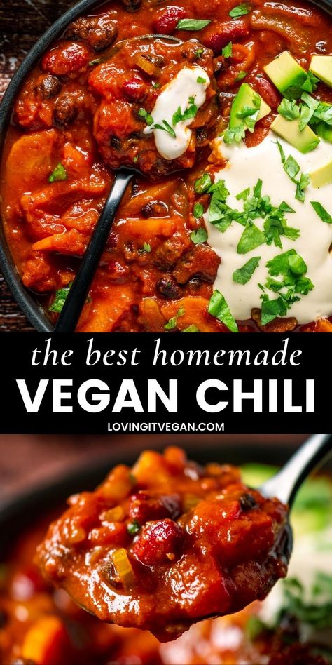 The best vegan chili is loaded with beans, veggies and plenty of flavor! It's hearty, cozy, comforting and insanely delicious. It's also super easy to make with pantry staples. | lovingitvegan.com Best Vegan Chili, Vegan Chili Recipe, Vegetarian Chili Recipe, Vegan Dinner Recipes Easy, Meatless Monday Recipes, Easy Vegan Dinner, Vegan Chili, Vegetarian Chili, Savory Vegan