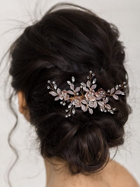 SWEETV Wedding Hair Clip Rhinestone Bridal Hair Comb for Wedding Hair Accessories for Brides Wedding Hair Piece Headpiece for Women, Light Rose Gold Hair Accessories For Brides, Flower Bun, Wedding Hair Clip, Delicate Wedding, Wedding Hair Piece, Wedding Hair Clips, Bridal Comb, Bride Hair Accessories, Rose Gold Hair