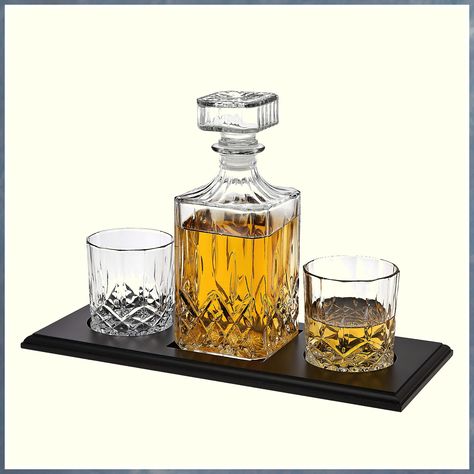 Whiskey Decanter and Glasses Barware Set, for Liquor Scotch Bourbon Wine or Vodka - Includes 2 Wh... Whiskey Ice, Whisky Decanter, Whiskey Decanter Set, Whisky Glasses, Food Serving Trays, Liquor Decanter, Display Tray, Wooden Display, Whiskey Decanter