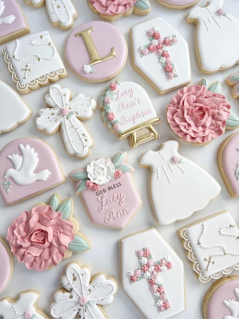 Baptism, baptism cookies, cookies, decorated cookies, pinks, florals First Communion Cookies Girl, Baptism Sugar Cookies Girl, Christening Cookies Girl, Baptism Party Ideas Girl, Baby Girl Baptism Cookies, Communion Cookies Girl, Communion Cookies Decorated, Catholic Baptism Party, Christening Themes Girl