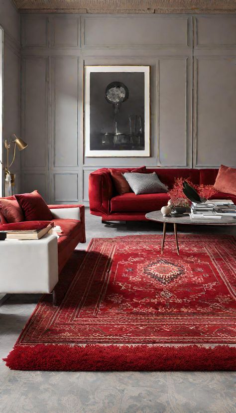 Red Rug Persian Modern Interior Design, Persian Home Decor Iran, Red Persian Rug Living Room, Living Room Victorian House, Living Room Victorian, Red Rug Living Room, Red Persian Rug, Silk Rugs, Textured Carpet