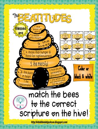 Bible Fun For Kids: The Beatitudes: Bee-Attitudes Bulletin Board & More! Beatitudes Matching Game, Beatitudes For Kids Free Printable, Beatitudes Activities, Beatitudes For Kids, Seven Days Of Creation, Kids Church Lessons, The Beatitudes, Bee Themed Classroom, Bible Story Crafts