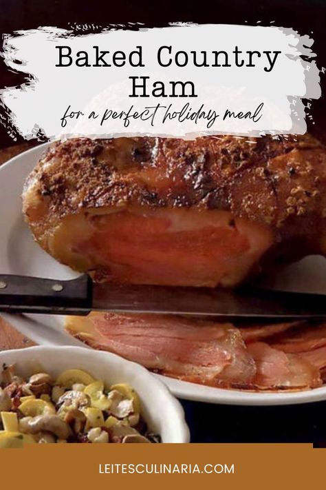 A golden-brown baked ham with a caramelized crust, partially sliced to reveal its juicy interior, served alongside a bowl of sautéed vegetables. Baked Country Ham, How To Cook A Country Ham, Whole Ham Recipes, Country Ham Recipes, Ham In The Oven, Ham Recipes Baked, Whole Ham, Southern Cooking Recipes, Country Ham