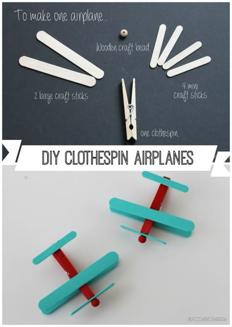 Create your own Clothespin Airplanes with some craft sticks, glue and paint!  www.createcraftlove.com Airplane Party Favors, Clothespins Diy, Planes Birthday, Airplane Crafts, Airplane Baby Shower, Planes Party, Airplane Theme, Airplane Birthday Party, Airplane Baby