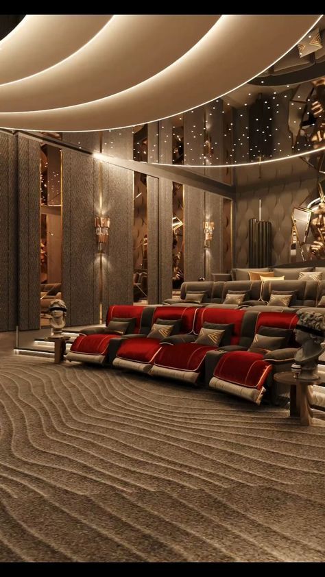 Sleek furniture, neutral palettes, and modern art. Luxury Movie Theater, Cinema Room Design, Home Cinema Design, Home Theater Room Design, Luxury Mansions Interior, Theater Room Design, Cinema Design, Home Cinema Room, At Home Movie Theater