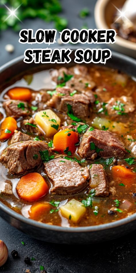 Tri Tip Soup Crock Pot, Ribeye Stew Crockpot, Steak Soup Recipes Crock Pots, Kansas City Steak Soup, Soup With Steak Meat, Tri Tip Soup, Crockpot Beef Soup, Mushroom Soup Crockpot, Slow Cooker Beef Recipes