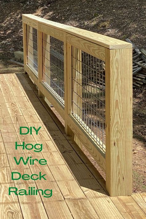 Dock Deck Ideas, Hog Pen Deck Railing, Pig Wire Deck Railing, Hog Wire Deck Railing Diy, Deck Railing Cheap, Cheap Porch Railing Ideas, Hogwire Deck Railing, Hog Fence Deck Railing, Deck Railing Ideas Diy Cheap