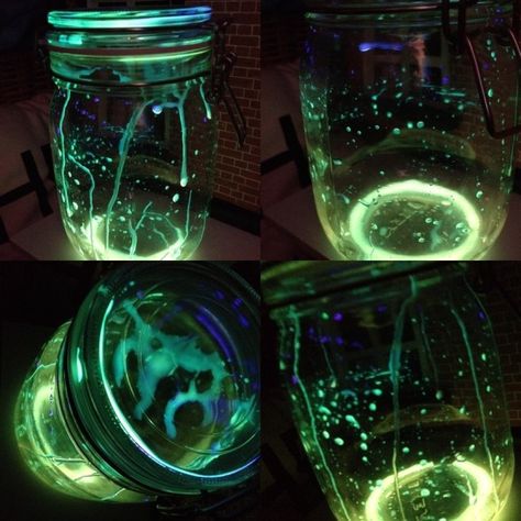 I made this today                                         I opened a glow stick (they are hard to open)then put it in the jar closed it shake take it out and TAH-DAH! Aglow in the dark jar Glow Stick, The Jar, Spa Party, Glow Sticks, In The Dark, The Darkest, Spa, Quick Saves