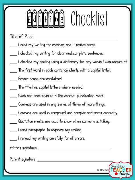 These writing ideas are perfect for keeping parents involved.  Get parents involved in the writing process, writing portfolios, and even writing homework!  (I love this idea for writing homework!) Fourth Grade Writing, Writing Homework, Editing Checklist, Check Lists, 5th Grade Writing, Writing Checklist, 3rd Grade Writing, Writing Projects, Ela Writing