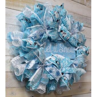 The Holiday Aisle® Snowflake Bling Holiday Handmade 24" Deco Mesh Wreath | Wayfair Tulle Wreath Ideas, Burlap Ribbon Crafts, Winter Front Door Decor, Winter Wreaths For Front Door, Blue Wreaths, Let It Snow Somewhere Else, Snowman Wreaths, Blue And Silver Christmas, Turquoise Wreath