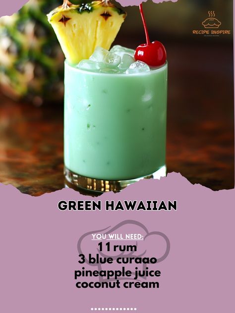 🌺🍍 Dive into the tropical flavors of the Green Hawaiian cocktail! Refreshing, sweet, and perfect for summer sipping. 🍹 Green Hawaiian Ingredients: - 1 1/2 oz. rum - 3/4 oz. blue curaçao - 2 oz. pineapple juice - 1 oz. coconut cream - 1/2 oz. lime juice - Pineapple wedge and cherry for garnish Instructions: 1. Fill a shaker with ice. 2. Add rum, blue curaçao, pineapple juice, coconut cream, and lime juice. 3. Shake well until chilled. 4. Strain into a glass filled with ice. 5. Garnish with ... Juice Coconut, Hawaiian Cocktails, Blue Curacao, Pineapple Juice, Coconut Cream, Lime Juice, Rum, Pineapple, Juice