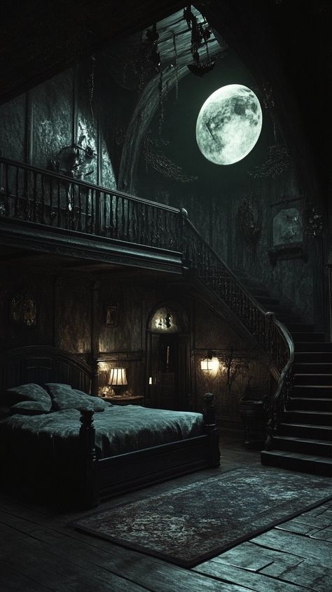 Large Gothic Bedroom, Noir Bedroom Aesthetic, Wizard Bedroom Aesthetic, Dark Manor Aesthetic, Creepy Room Aesthetic, Creepy House Interior, Dark Witchy Bedroom, Witch Mansion, Goth Room Aesthetic