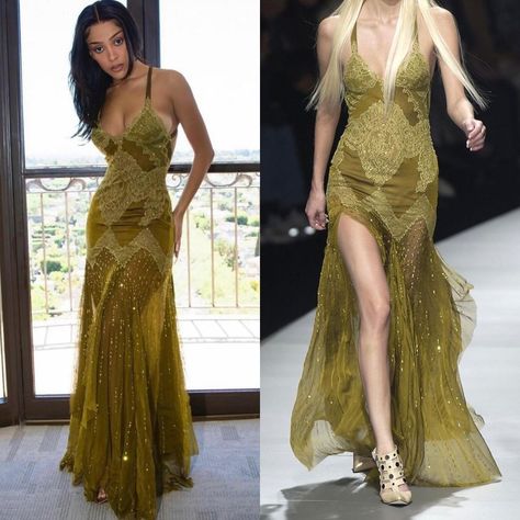 Atelier Versace Gown, Luxury Green Sheer Dress, Bella Hadid Green Dress, Jlo Green Versace Dress, Emerald Green Gown, Donatella Versace Red Carpet, Versace Gown, Olive Dress, Preppy Dresses