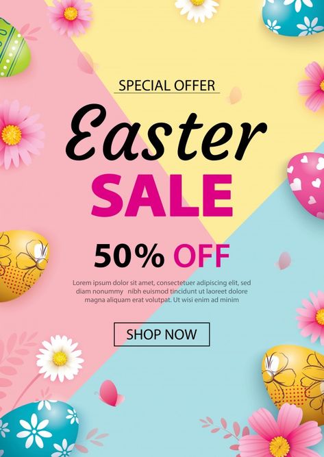 Easter sale banner template with colorful eggs. Premium Vector Easter Advertising, Sale Banner Design, Easter Poster, Advertising Flyers, Banner Design Layout, Easter 2023, Colorful Eggs, Easter Specials, Flat Design Icons