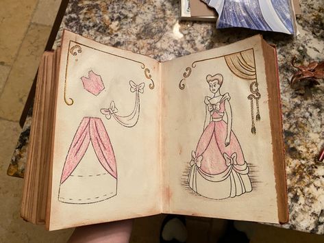 diy Cinderella sewing book from Disney movie showing pink dress sewing patterns pink Cinderella dress with book display Disney cartoon replica book Cinderella Sewing, Cinderella Crafts, Cinderella Bedroom, Cinderella Room, Disney Dinner, Cinderella Birthday Party, Disney Furniture, Princess Book, Boss Mom