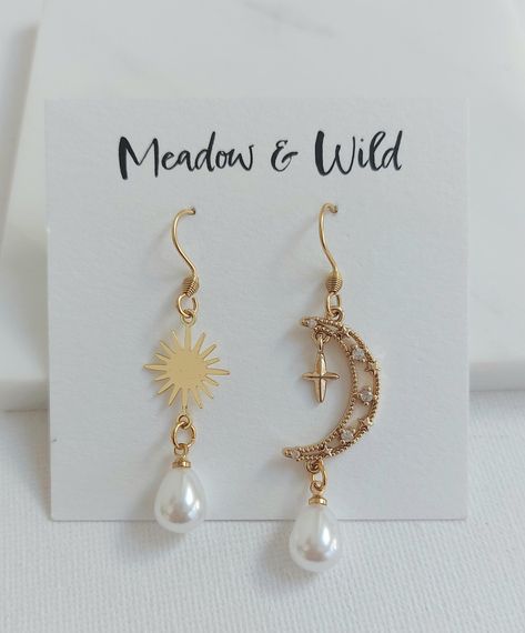 CELESTIAL BRIDAL PEARL drops | moon and stars | pearls earrings | mismatched earrings | mystical earrings by MeadowWildJewellery on Etsy Mystical Earrings, Celestial Bride, Bohemian Style Jewelry, Starburst Earrings, Moon And Star Earrings, Pearls Earrings, Saltwater Pearls, Mismatched Earrings, Moon And Star