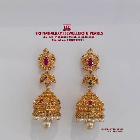 Gold Jumki With Pearl, New Model Butta Kammalu, Uncut Buttalu Gold, Uncut Earrings Gold, Long Buttalu Earrings Gold, Light Weight Gold Buttalu, Gold Jhumka Designs Indian Weddings, Gold Jumkas Design, Pusthela Thadu