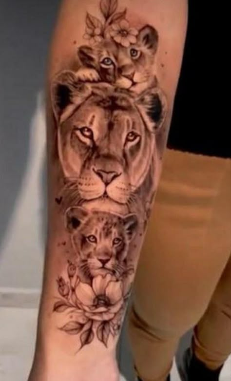 Forarm lioness and two cubs tattoo Lioness And Cubs Tattoo For Women, Tattoo Brazo Mujer, Lioness And Cub Tattoo, Lioness Tattoo Design, Female Lion Tattoo, Tattoo Designs With Meaning, Designs With Meaning, Meaning Art, Cubs Tattoo