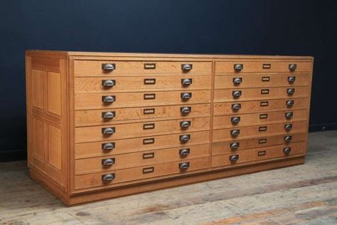 Fabulous Quality oak Plan Chests. Manufactured for a National Library In the best quality Oak throughout, including all the internals of the drawers, decorative moulding to all sides, Bronze drawer pulls and card holders. 1950s Antique File Cabinet, Map Cabinet, Embroidery Floss Storage, Bronze Drawer Pulls, Drafting Tables, Workshop Cabinets, Bedroom End Tables, Sticks Furniture, Art Studio Space